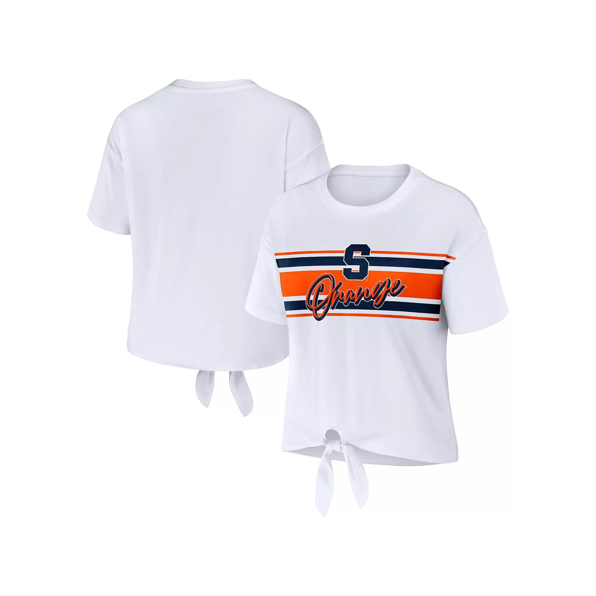 Women's WEAR by Erin Andrews White Syracuse Orange Striped Front Knot Cropped T-Shirt,  Product Image
