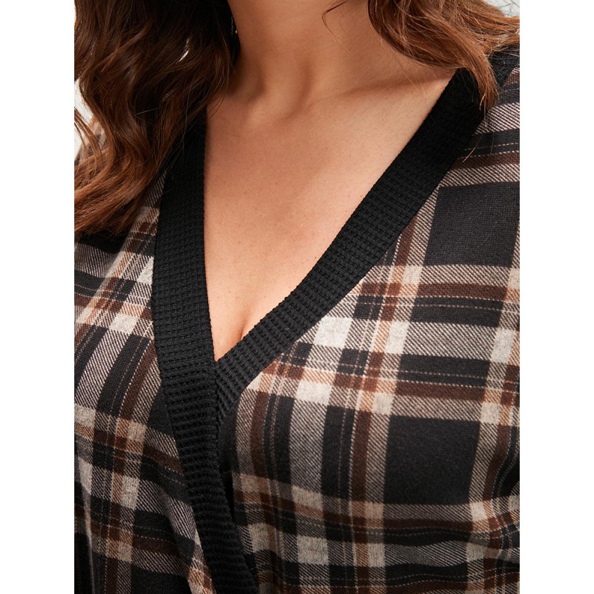 Plus Size Contrast Trim Lantern Sleeve Tartan Wrap Sweatshirt Women DarkBrown Elegant Wrap V-neck Dailywear Sweatshirts BloomChic 14-16/1X Product Image