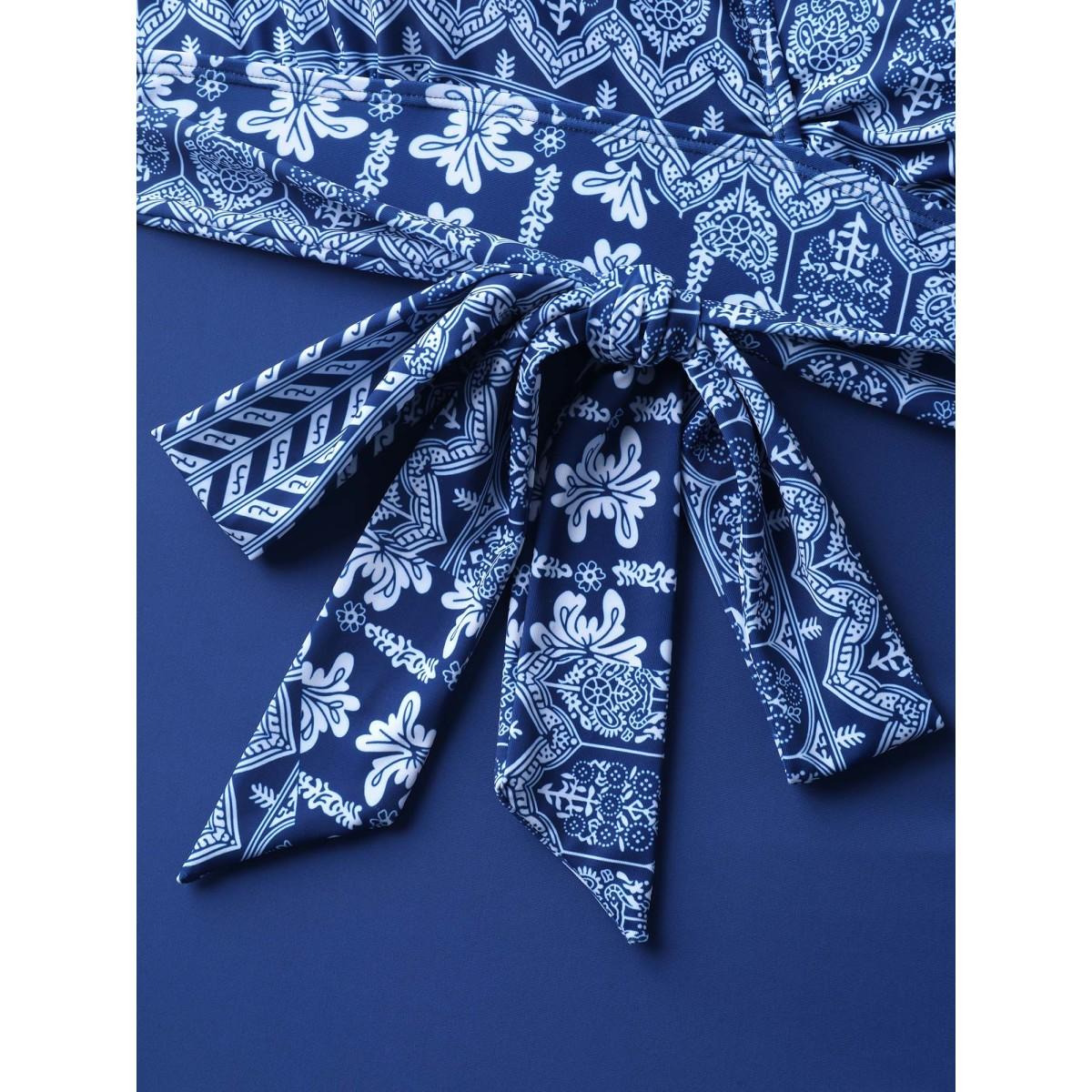 Plus Size Boho Print Belted One-Piece Swimsuit Women's Swimwear Indigo Resort Tie knot Curve Bathing Suits Low stretch One Pieces BloomChic 26/4X Product Image