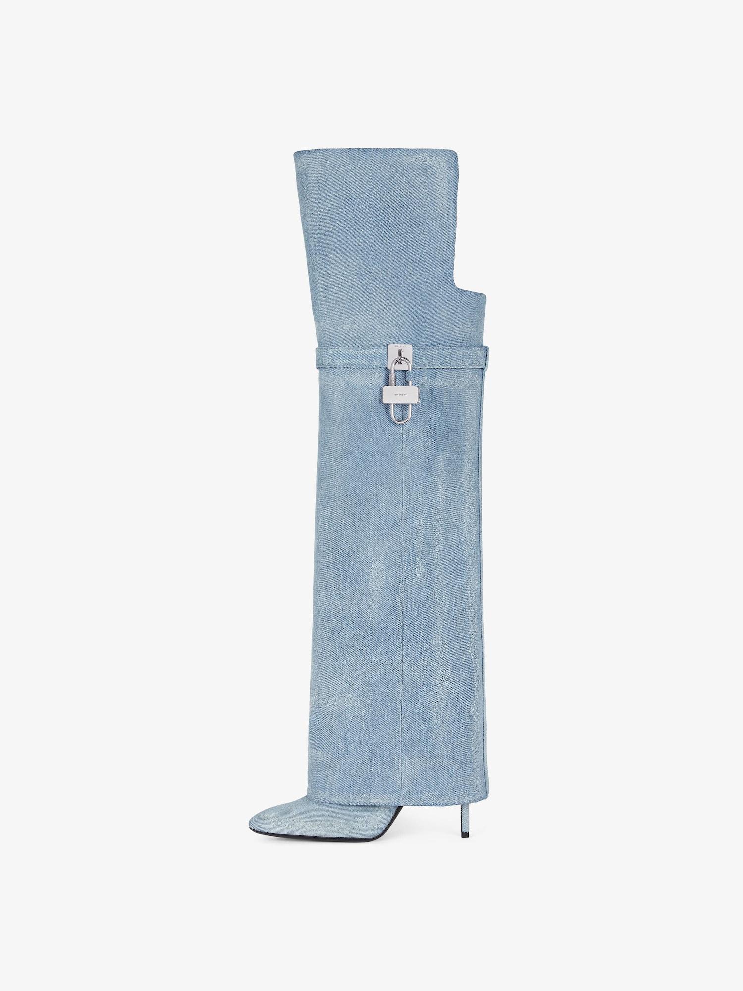 Shark Lock Stiletto over-the-knee boots in washed denim Product Image
