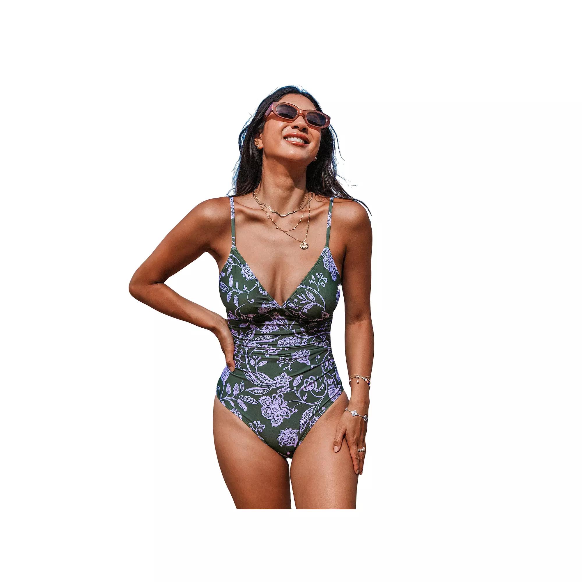 Women's Cupshe Tummy Control Ruched V-Neck One-Piece Swimsuit, Size: Medium, Green Product Image