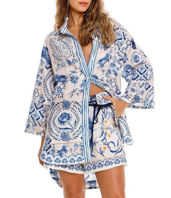 Agua Bendita Chrissy Azure Printed Point Collar 3/4 Sleeve Button Down Shirt Product Image