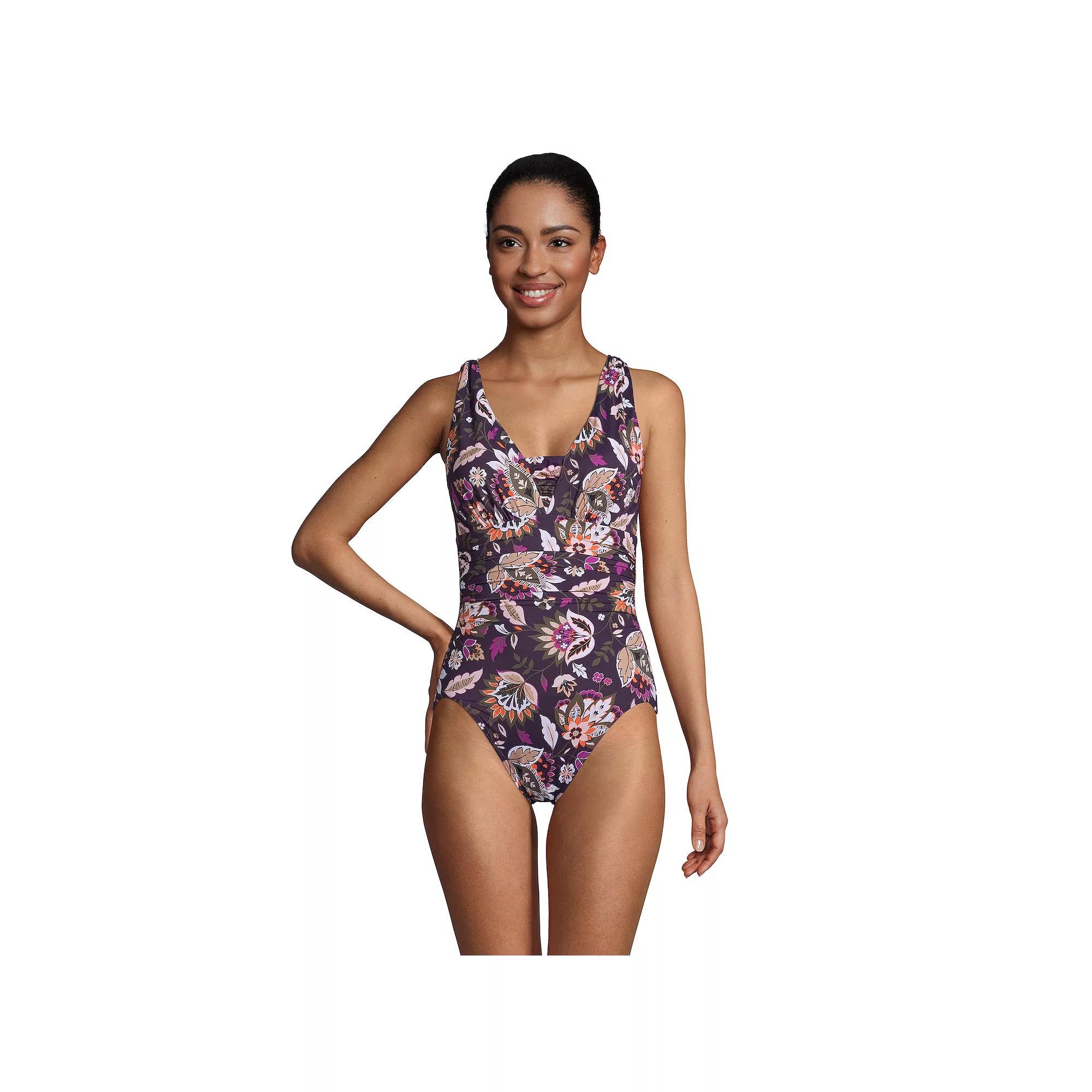 Women's Lands' End DDD-Cup Slender Grecian Tummy Control Print UPF 50 One-Piece Swimsuit, Size: 18 Ddd, Red Rose Purple Product Image