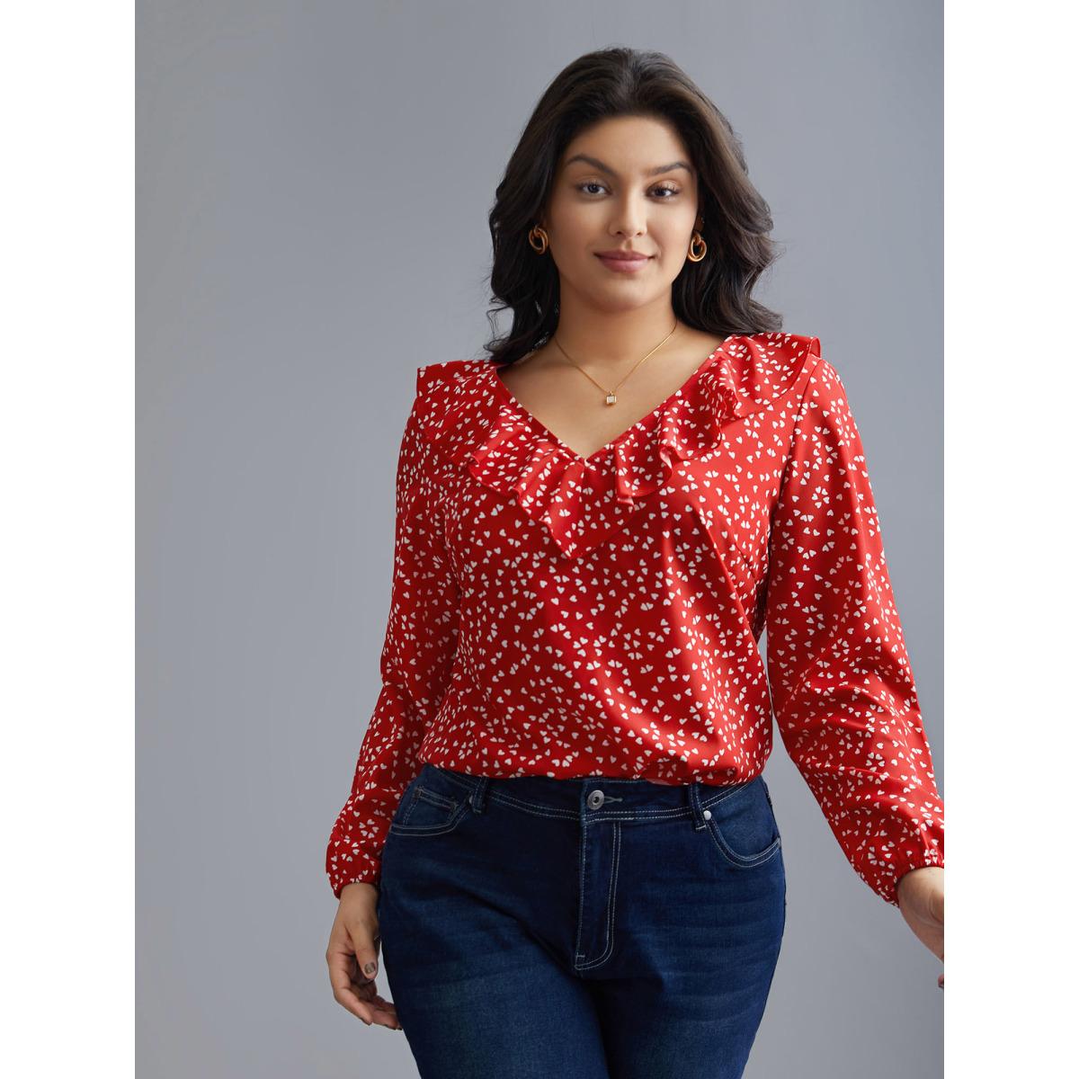 Plus Size Crimson V Neck Ruffle Heart Blouse Women Elegant Extra Long Sleeve V-neck Everyday Blouses BloomChic 14-16/1X Product Image