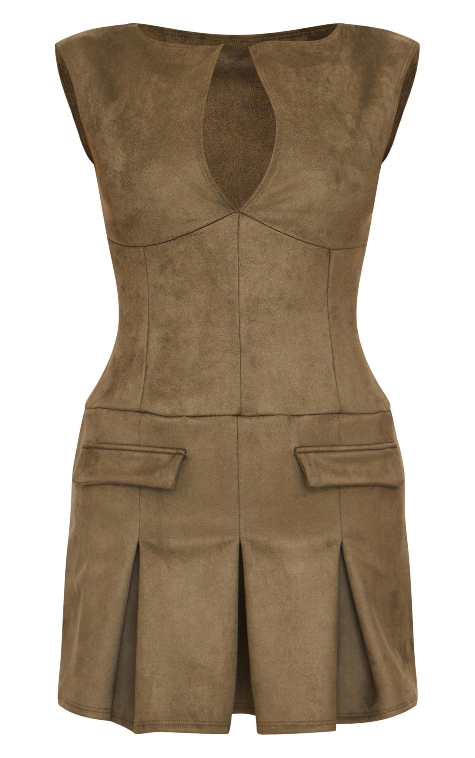 Khaki Faux Suede Pleated Pocket Detail Shift Dress Product Image