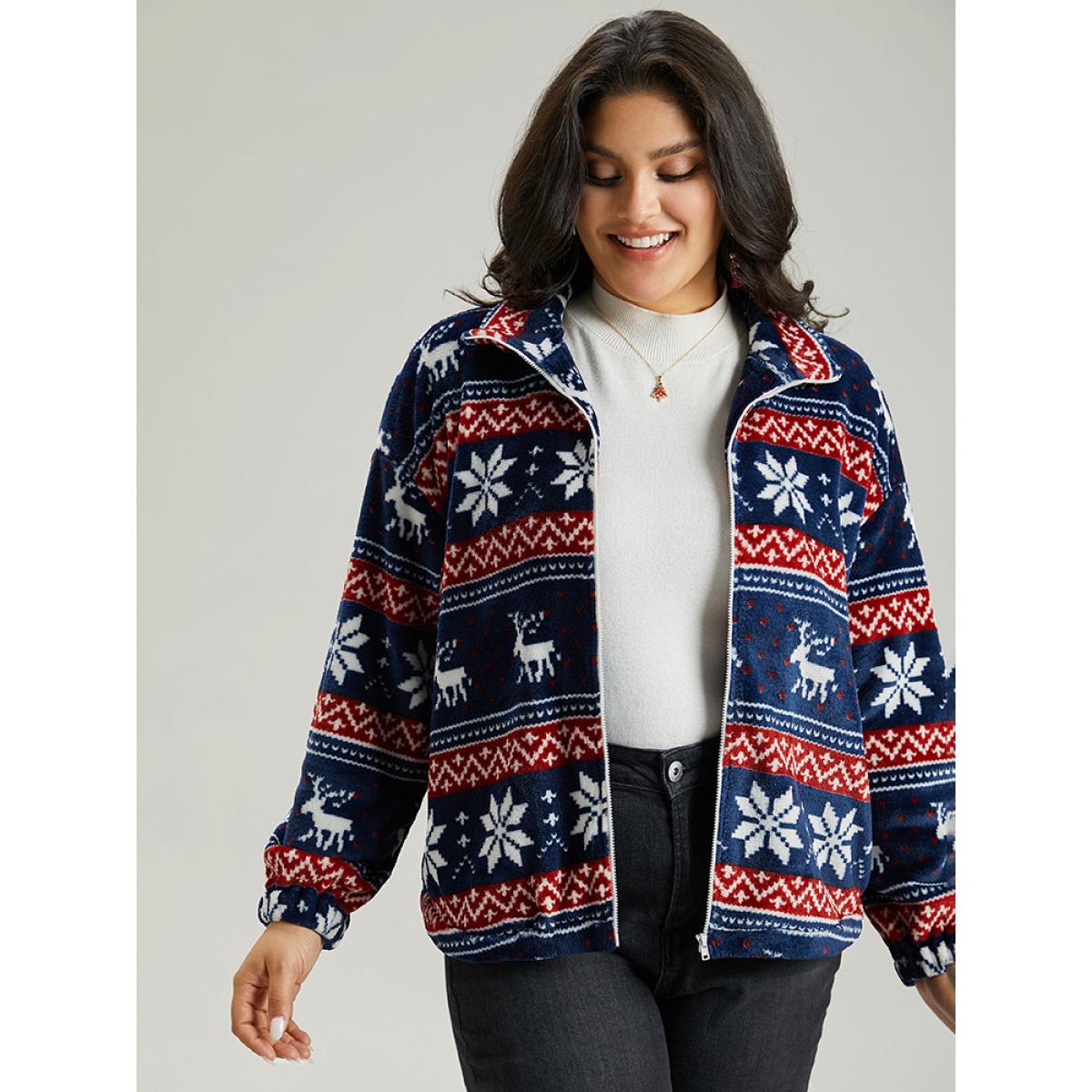 Plus Size Christmas Contrast Zipper Elastic Cuffs Jacket Women Indigo Elastic cuffs Dailywear Jackets BloomChic 28/5X Product Image