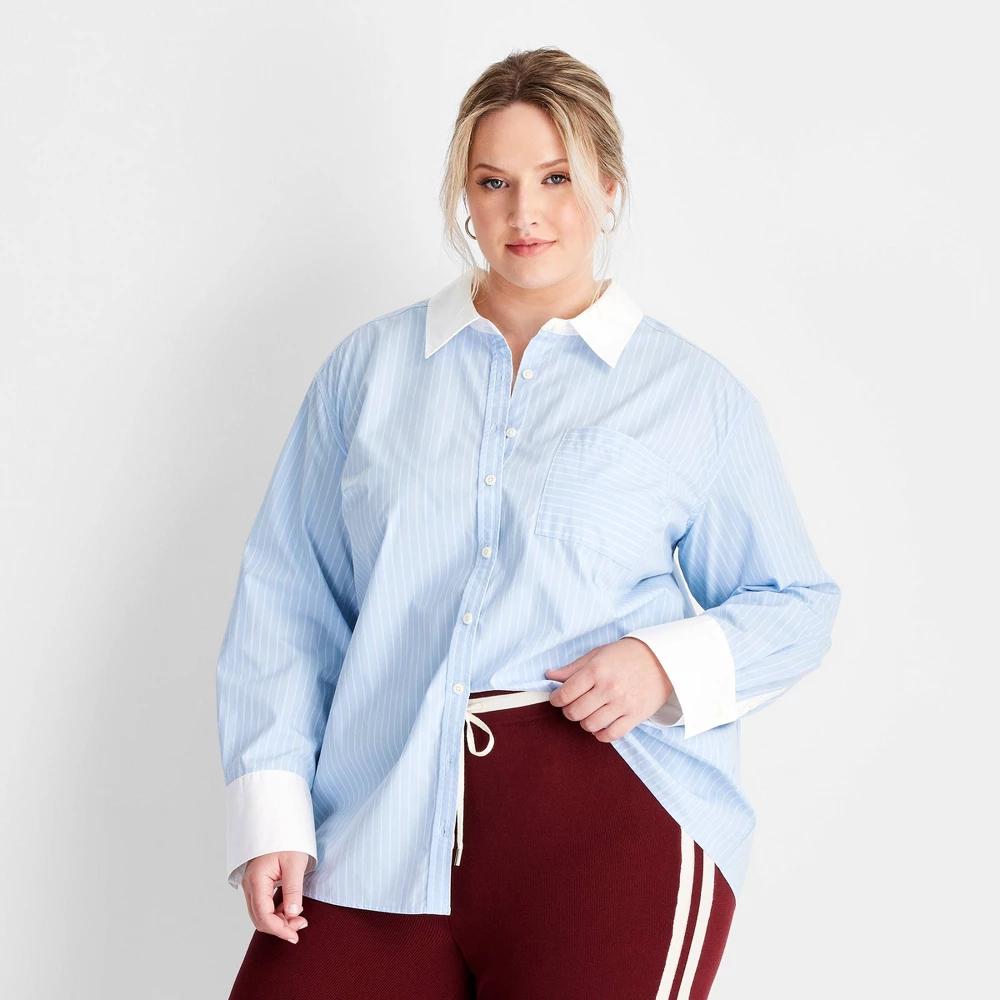 Women's Long Sleeve Oversized Button-Down Shirt - Future Collective Light Blue Striped 1X: Casual Cotton Woven Top Product Image