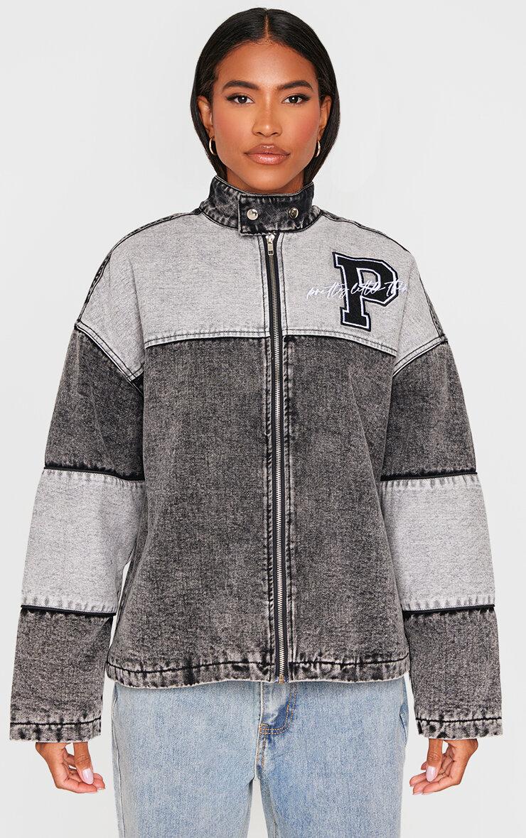 Black Oversized Denim Varsity Bomber Jacket Product Image