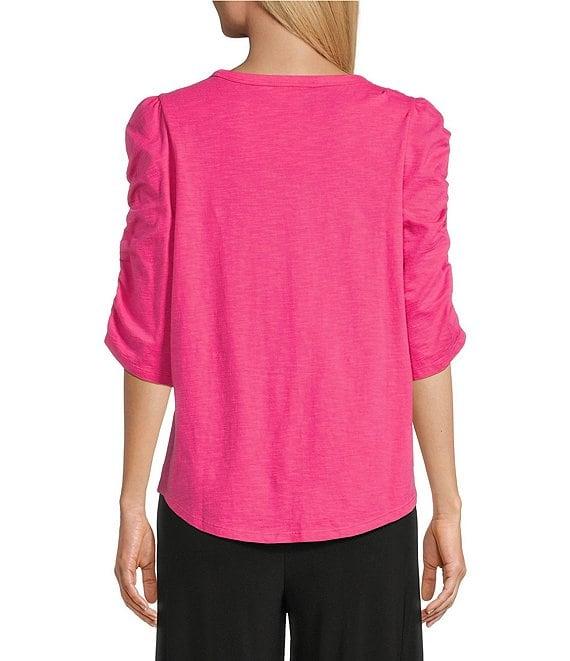 Investments Petite Size 3/4 Ruched Sleeve Crew Neck Top Product Image