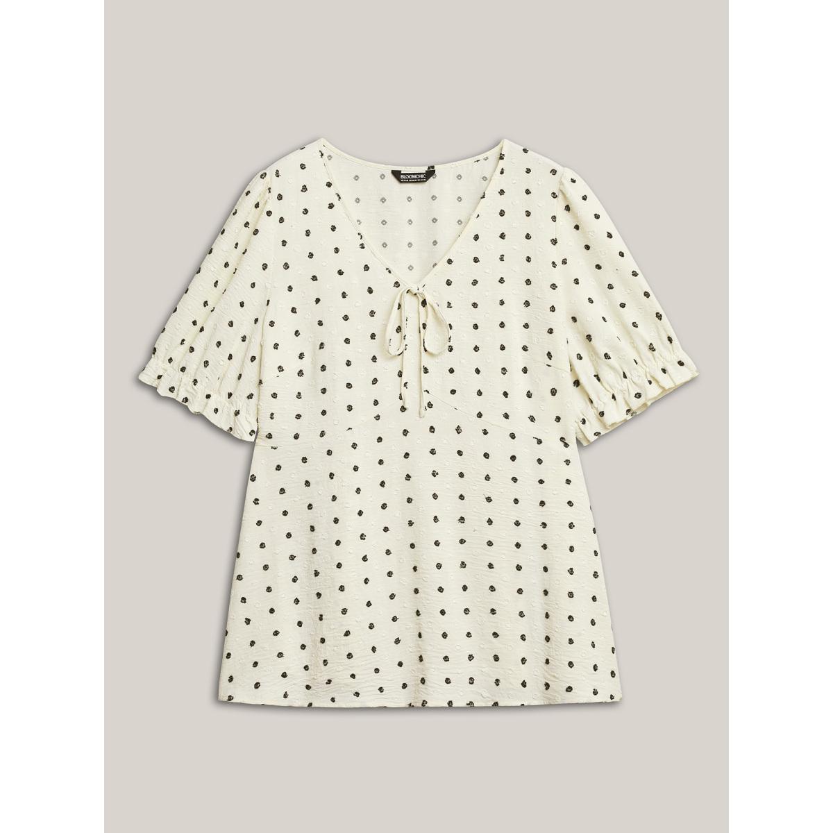 Plus Size Ivory Polka Dots Print Neck Tie Blouse Women Short sleeve V-neck Everyday-Elegant Blouses BloomChic 12/L Product Image