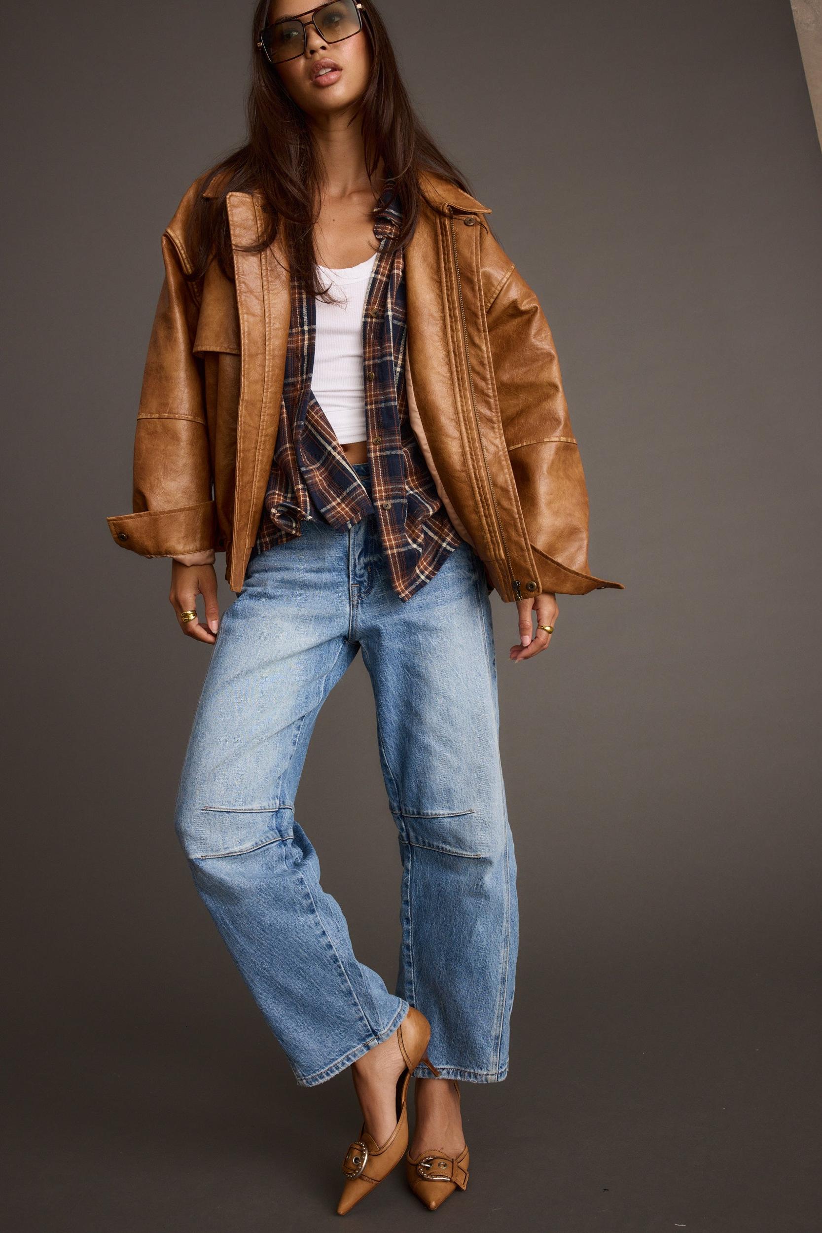 London Calling Cognac Oversized Faux Leather Jacket Product Image