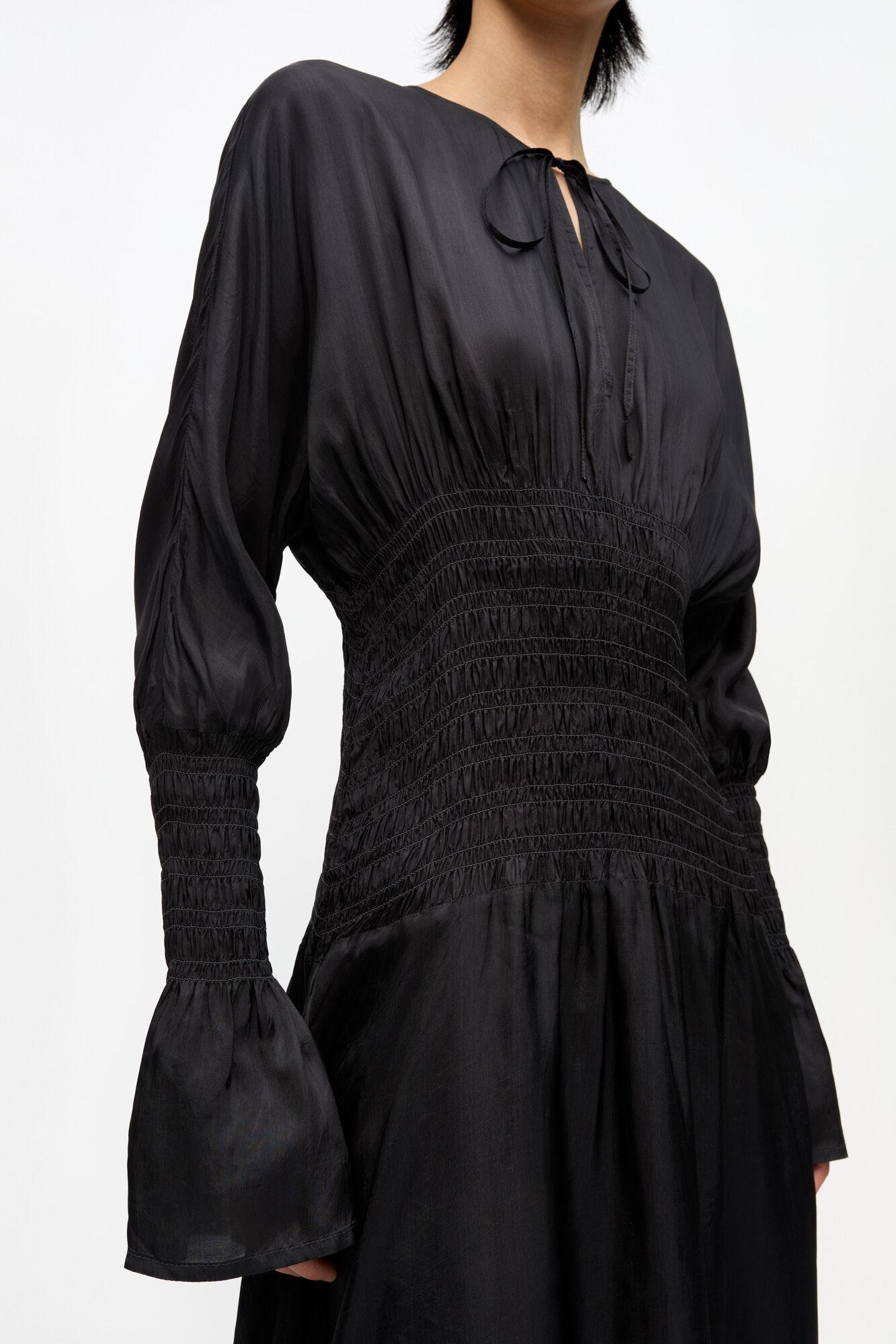 Black Viscose Habotai Smock Midi Dress Product Image