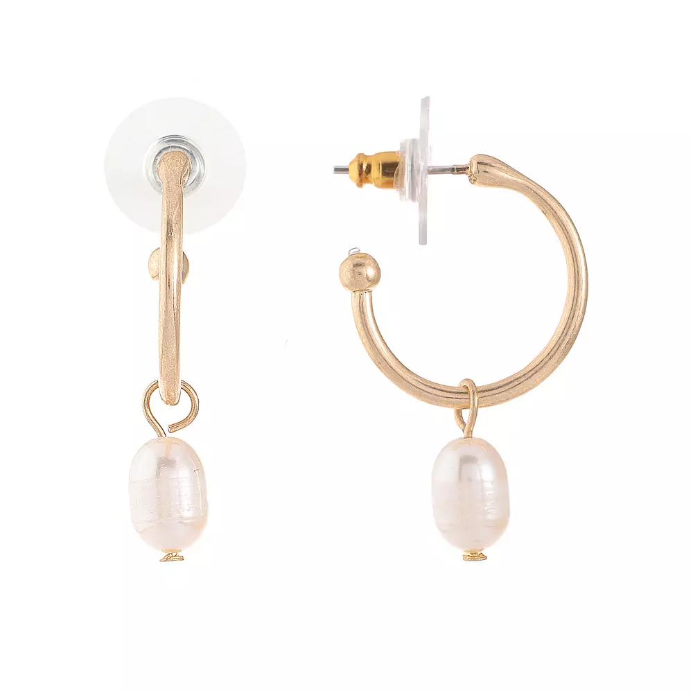 Bella Uno Worn Gold Freshwater Pearl Charm Hoop Earrings, Women's, Gold Tone Product Image