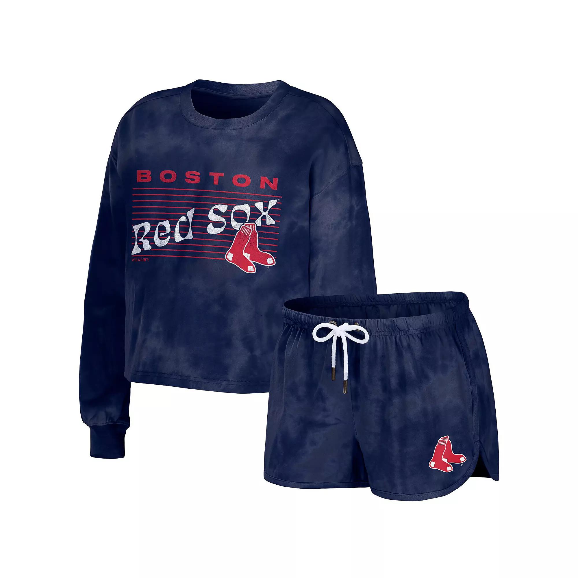 Women's WEAR by Erin Andrews Navy Cleveland Guardians Tie-Dye Cropped Pullover Sweatshirt & Shorts Lounge Set,  Product Image