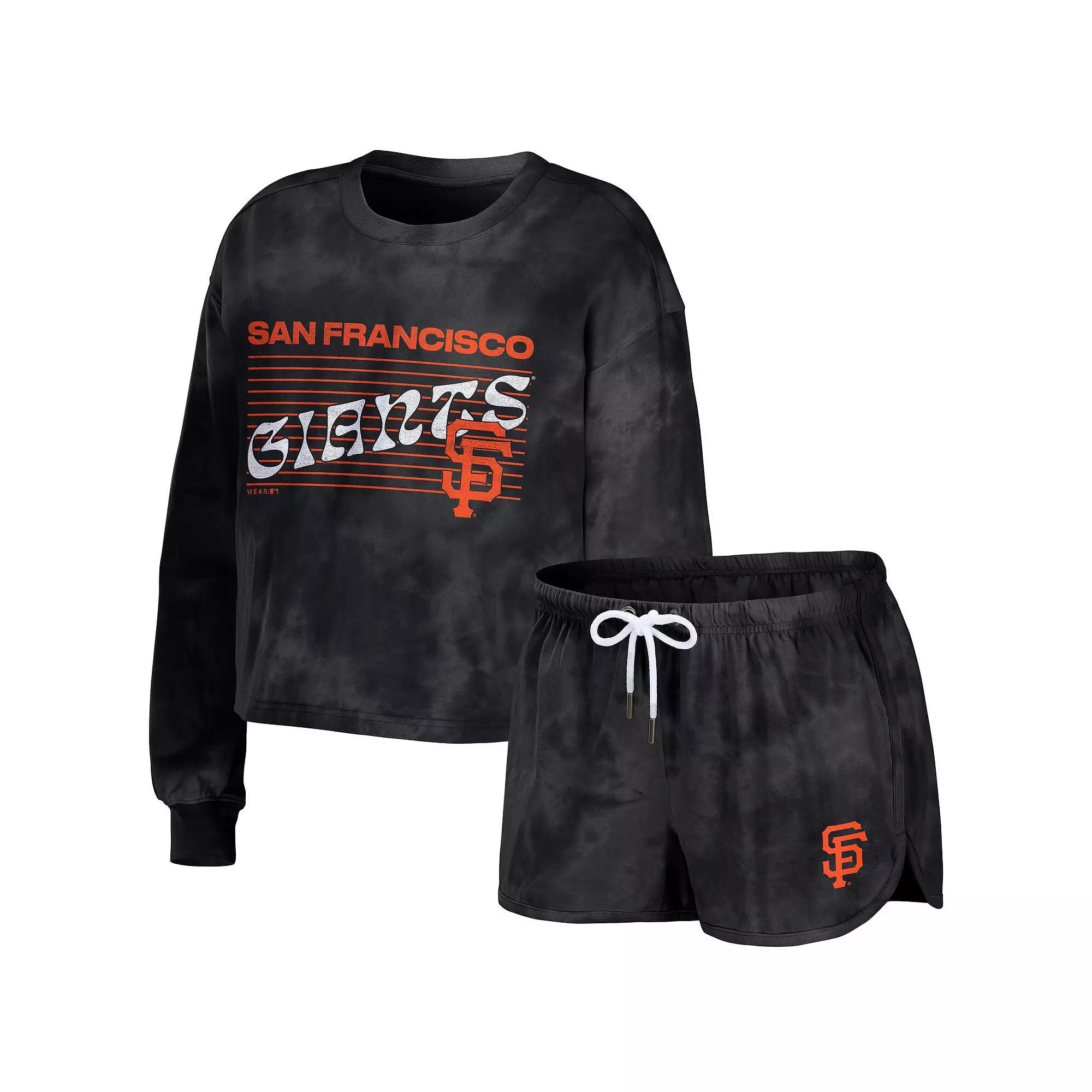 Women's WEAR by Erin Andrews Black Chicago White Sox Tie-Dye Cropped Pullover Sweatshirt & Shorts Lounge Set, Size: Large Product Image