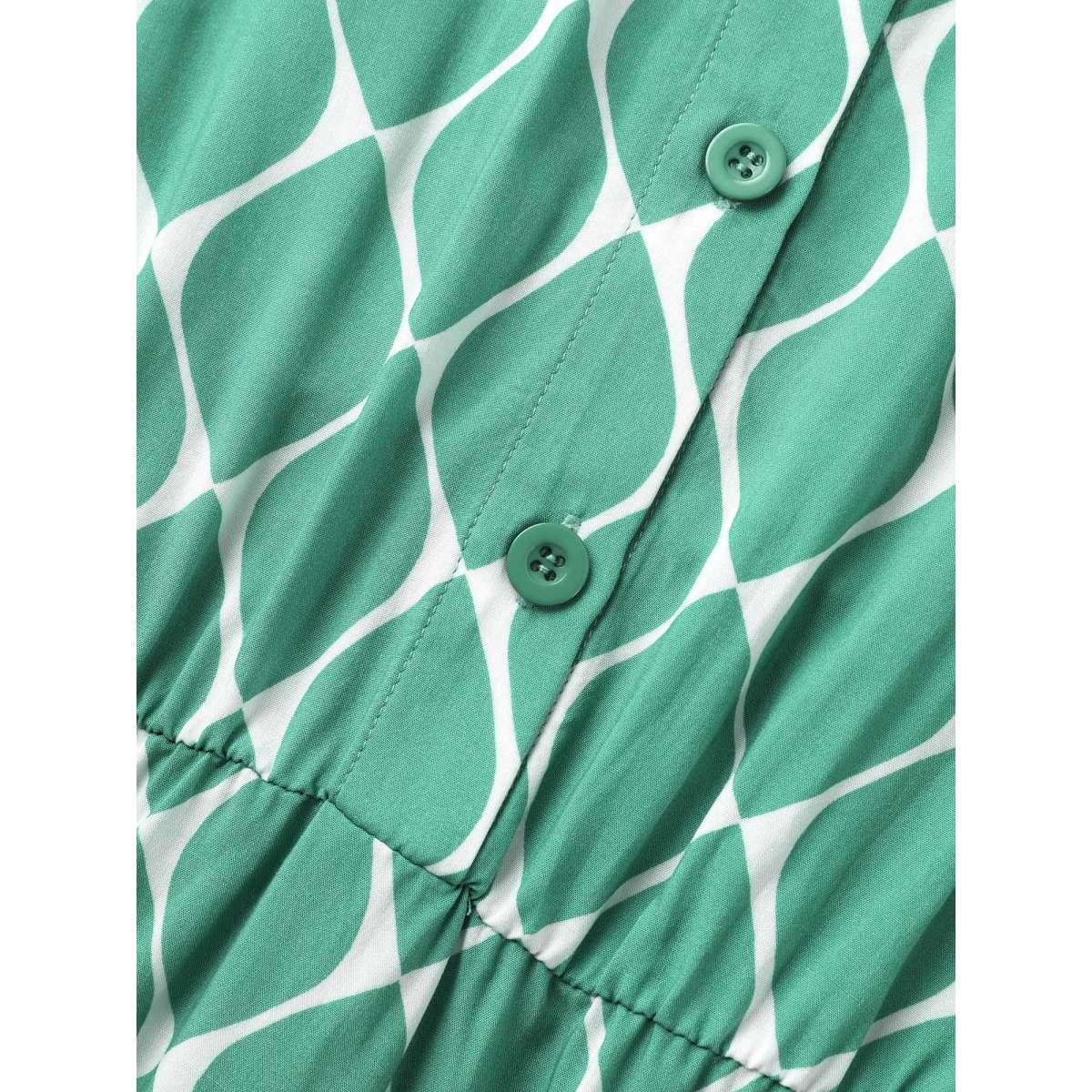 Plus Size Geometric Tiered Elastic Waist Midi Shirt Dress Malachitegreen Women Casual Gathered Shirt collar Short sleeve Curvy BloomChic 14-16/1X Product Image