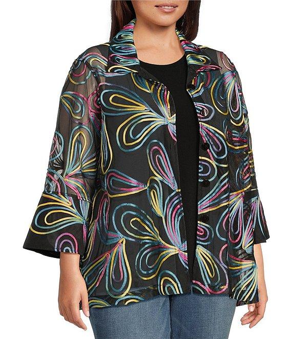 Ali Miles Plus Size Embroidered Paisley Print Knit Mesh Button Front Jacket Product Image