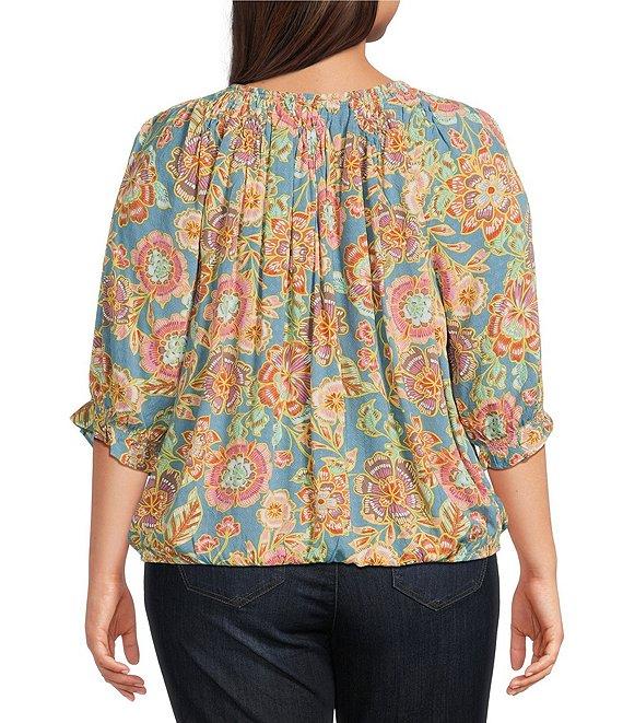 Democracy Plus Size Woven Novelty Print Scoop Neck Elbow Blouson Sleeve Smocked Bubble Hem Top Product Image