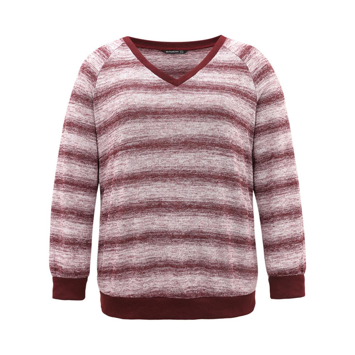 Plus Size Striped Ombre Rib Knit Elastic Cuffs Sweatshirt Women Burgundy Casual Rib Knit V-neck Dailywear Sweatshirts BloomChic 28/5X Product Image
