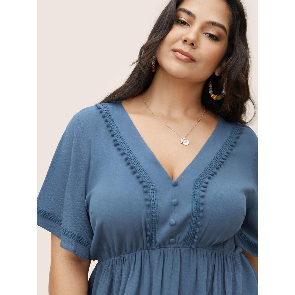 Plus Size Aegean Rayon Plain Button Detail Pompom Trim Blouse Women Resort Short sleeve V-neck Vacation Blouses BloomChic 18-20/2X Product Image