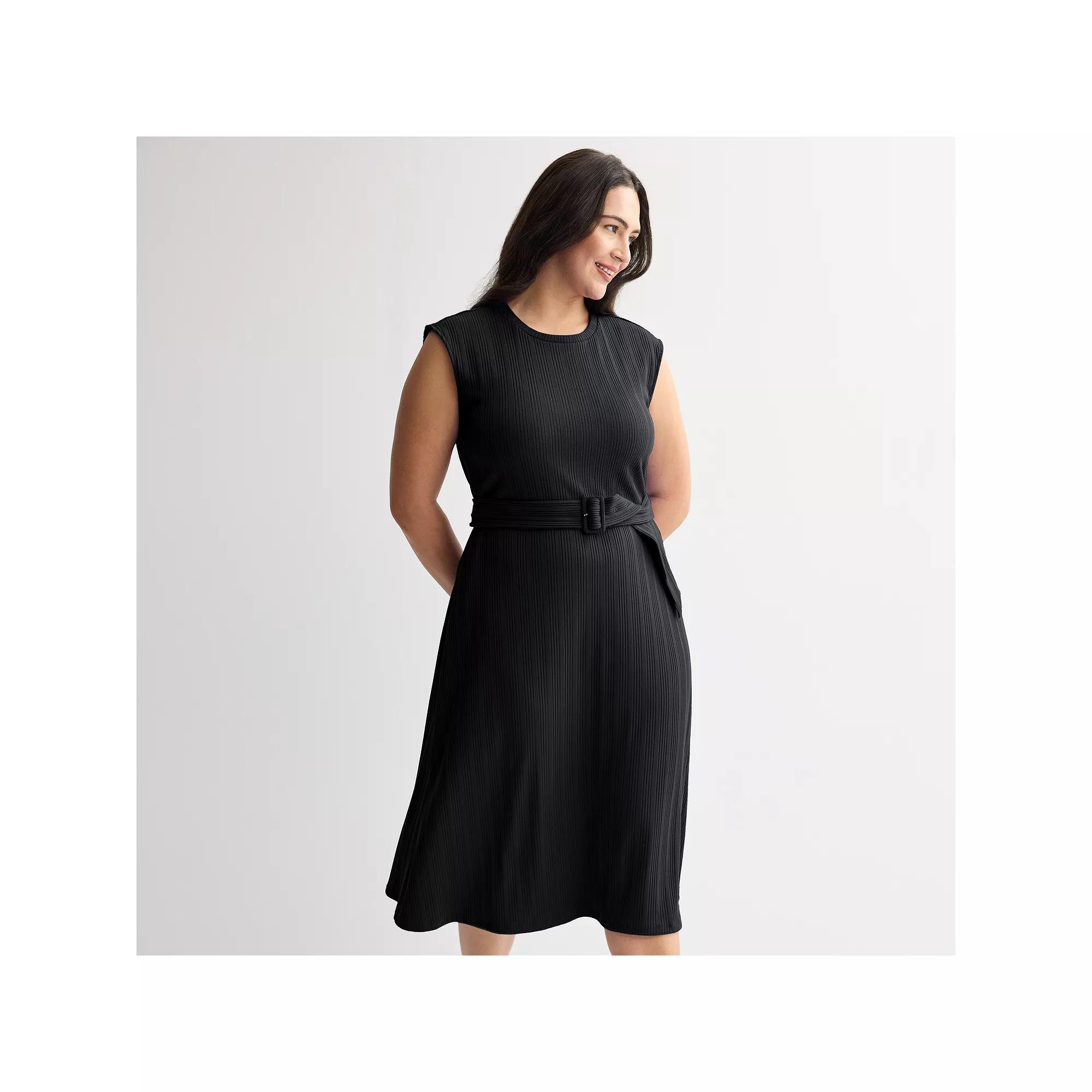 Plus Size Nine West Belted Rib Midi Dress, Women's, Size: 3XL, Mineral Black Product Image