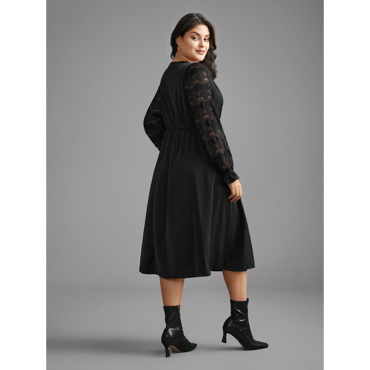 Plus Size V Neck Lace Patchwork Midi Dress Black Women Elegant Woven ribbon&lace trim V-neck Long Sleeve Curvy BloomChic 14-16/1X Product Image