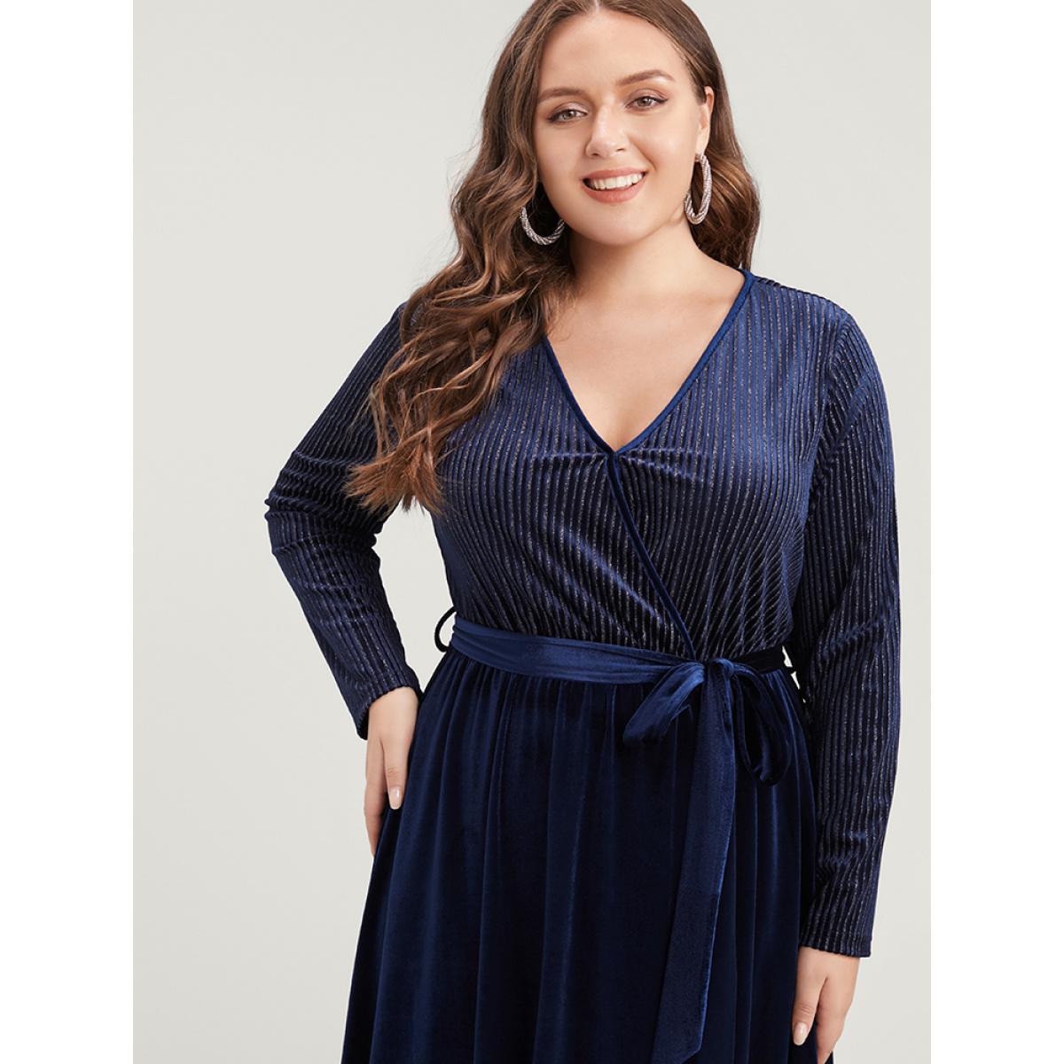 Plus Size Glitter Striped Patchwork Surplice Neck Pocket Belted Velvet Dress Indigo Women Party Belted V-neck Long Sleeve Curvy Midi Dress BloomChic 10/M Product Image