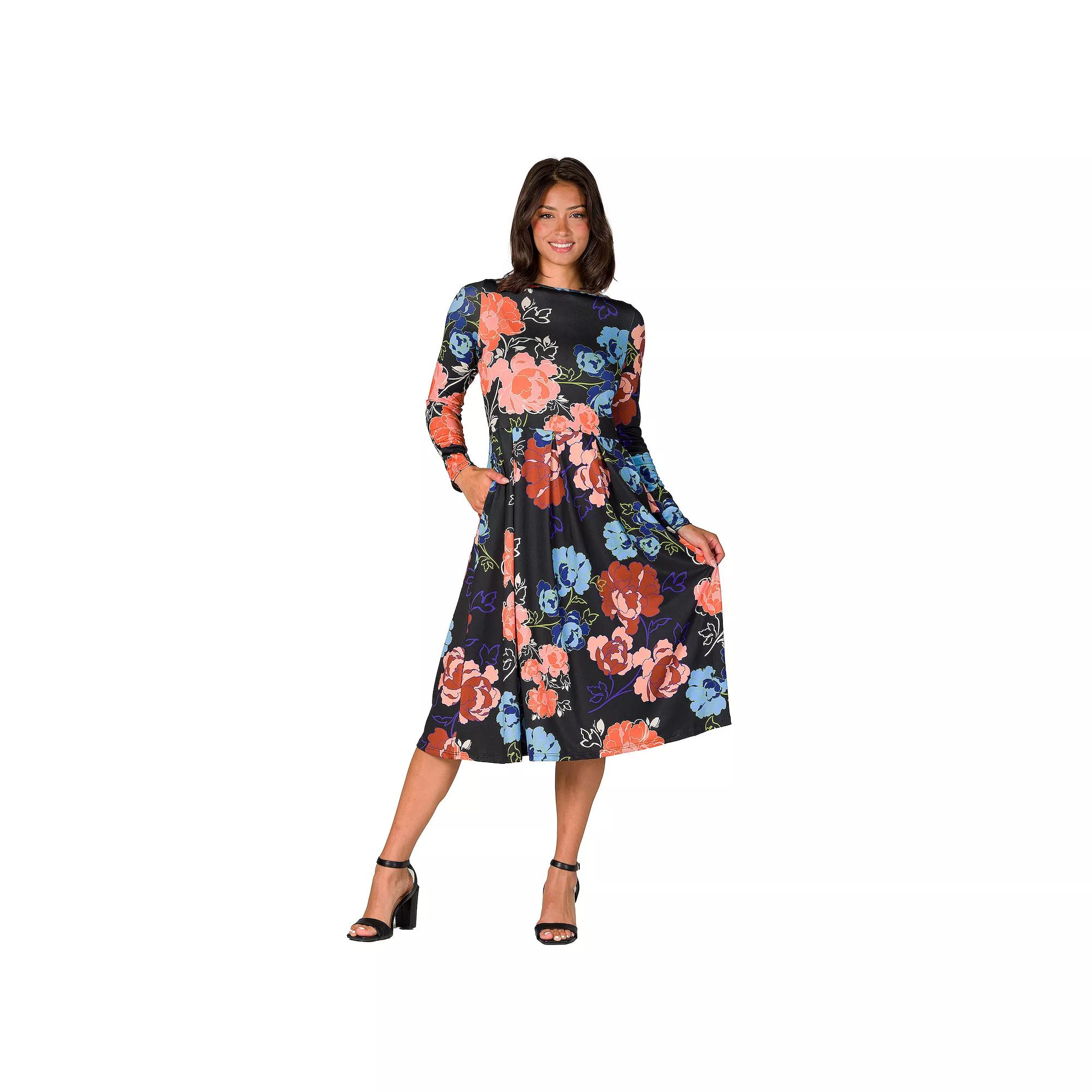 Women's 24Seven Comfort Apparel Midi Length Pocket Dress, Size: Small, Black Team Product Image