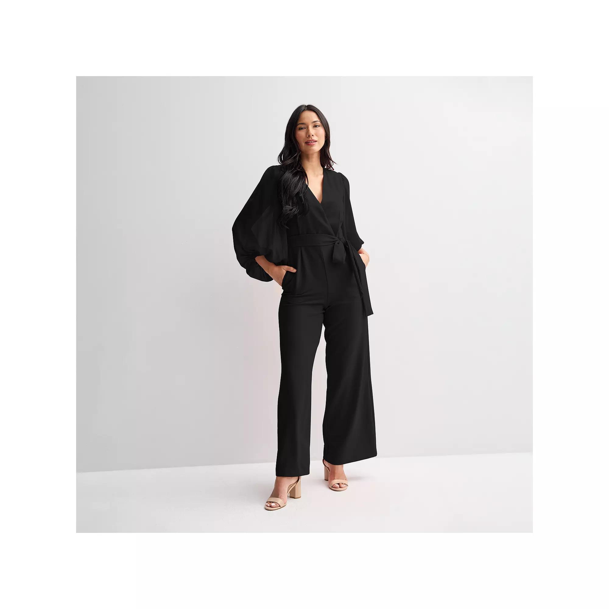 Women's Donna Ricco Long Sleeve Wrap Jumpsuit, Size: 12, Black Product Image
