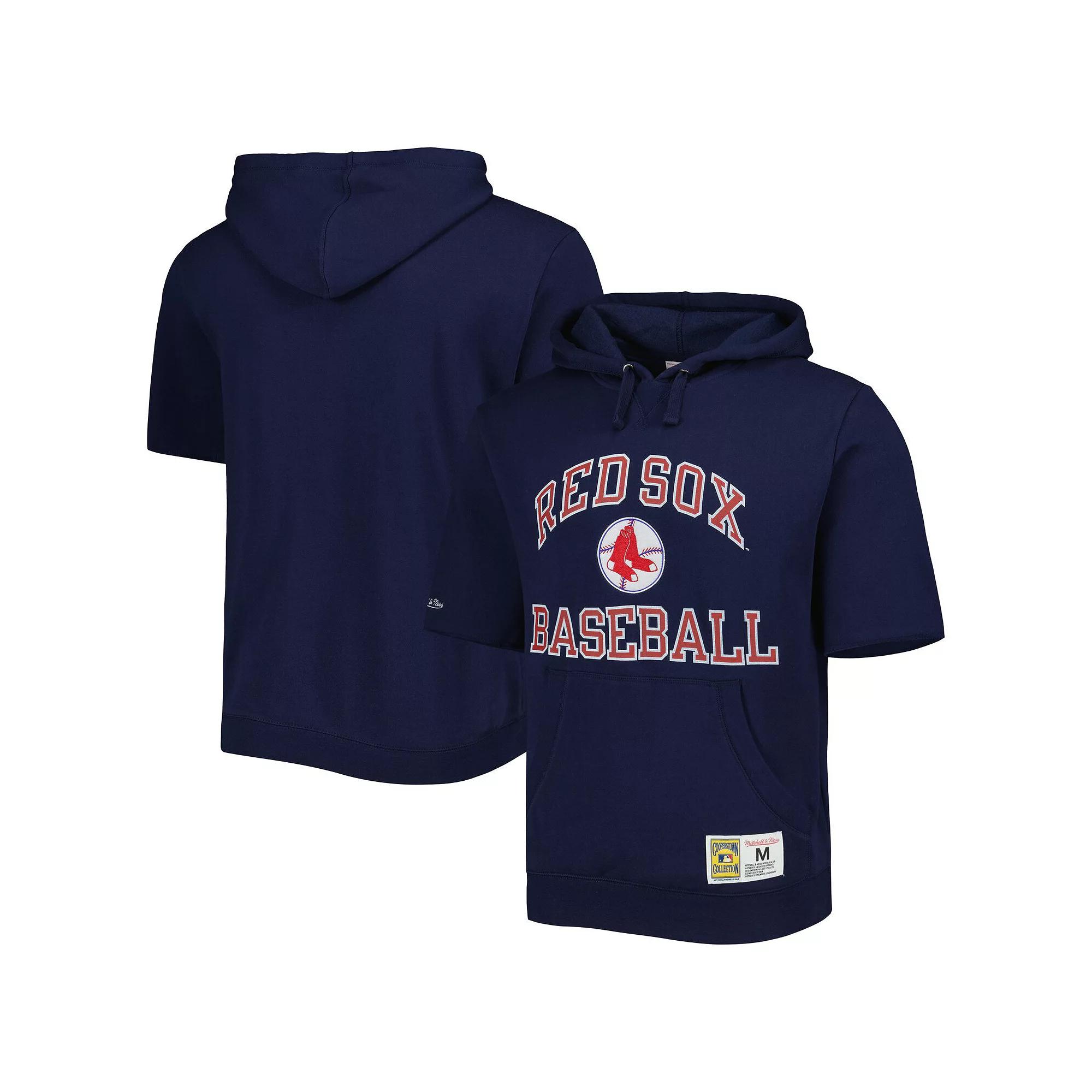 Men's Mitchell & Ness Navy Boston Red Sox Cooperstown Collection Washed Fleece Pullover Short Sleeve Hoodie,  Product Image