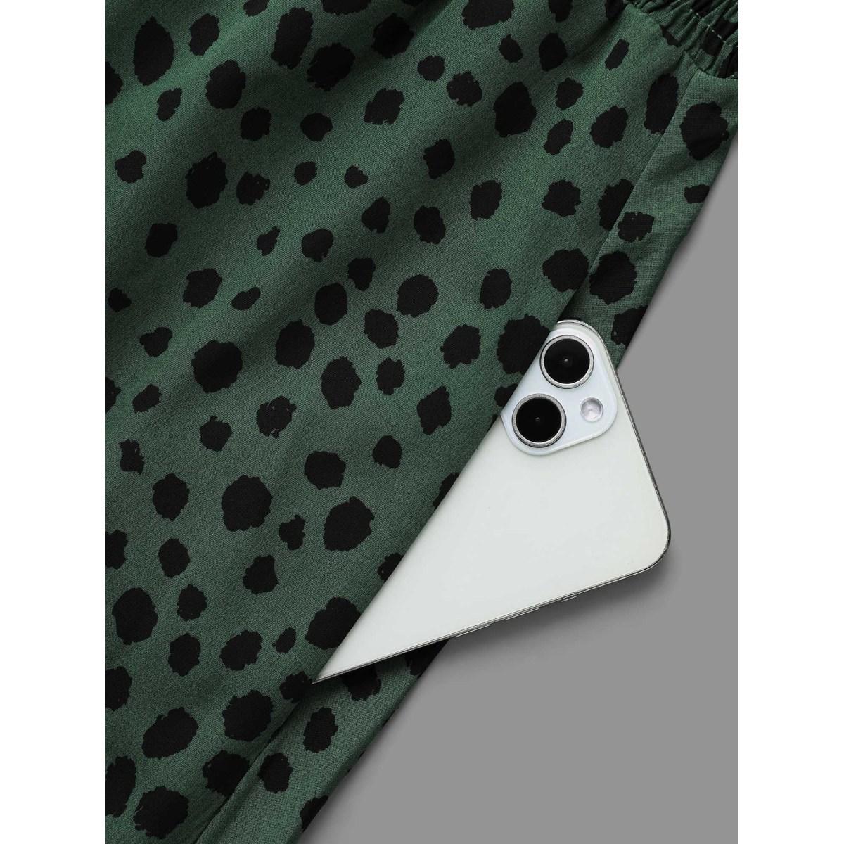 Plus Size Polka Dot Shirred Frill Trim Dress DarkGreen Women At the Office Frill Trim Mock Neck Long Sleeve Curvy BloomChic 18-20/2X Product Image