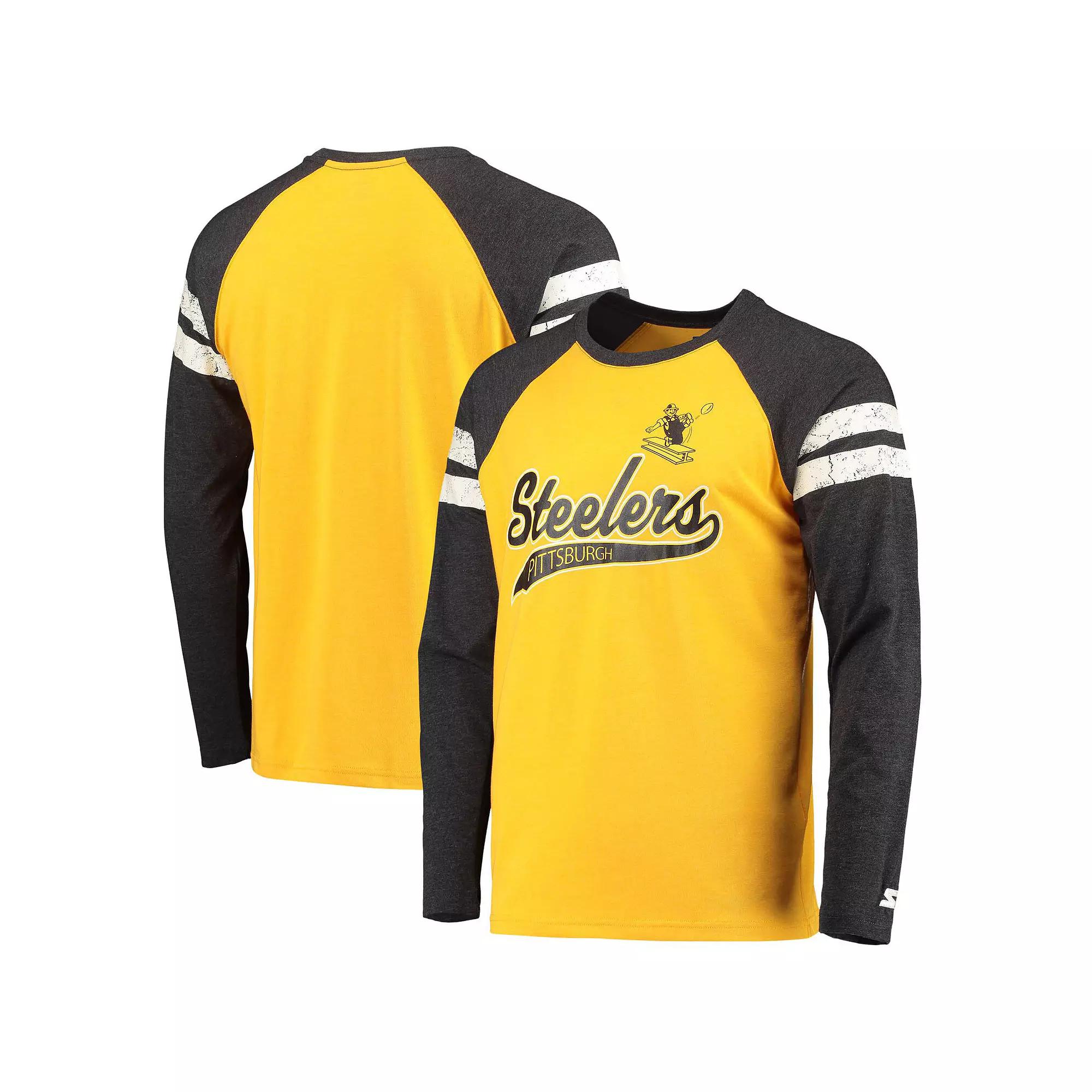 Men's Starter Gold/Black Pittsburgh Steelers Throwback League Raglan Long Sleeve Tri-Blend T-Shirt,  Product Image