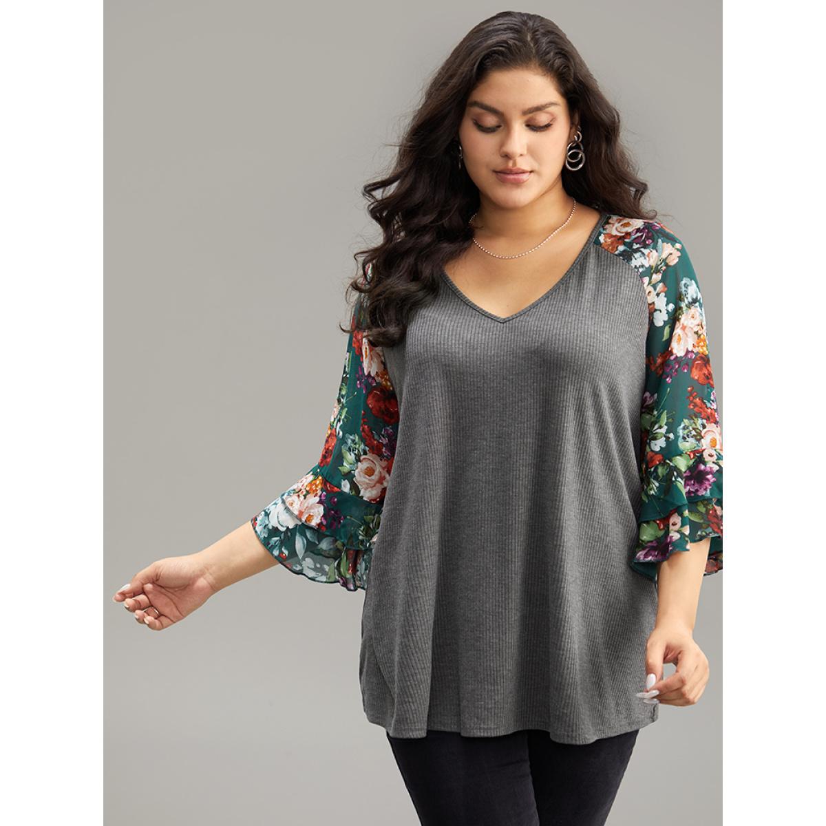 Plus Size Floral Patchwork Flutters Raglan Sleeve T-shirt DimGray Women Elegant Printed Floral V-neck Dailywear T-shirts BloomChic 28/5X Product Image