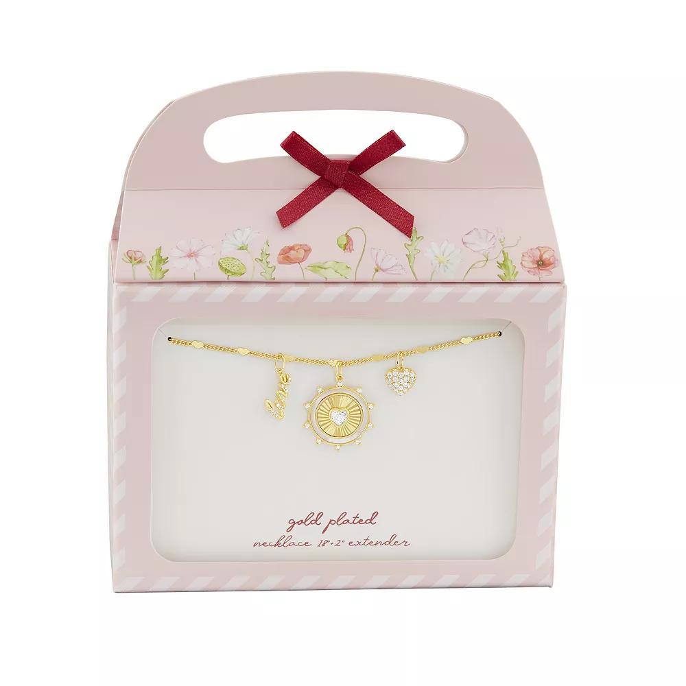 Brilliance 18k Gold Flash Plated Mother of Pearl Heart Coin Charm & Cubic Zirconia "love" Charm Heart Station Chain Necklace, Women's, Size: 18", Gold Tone Product Image