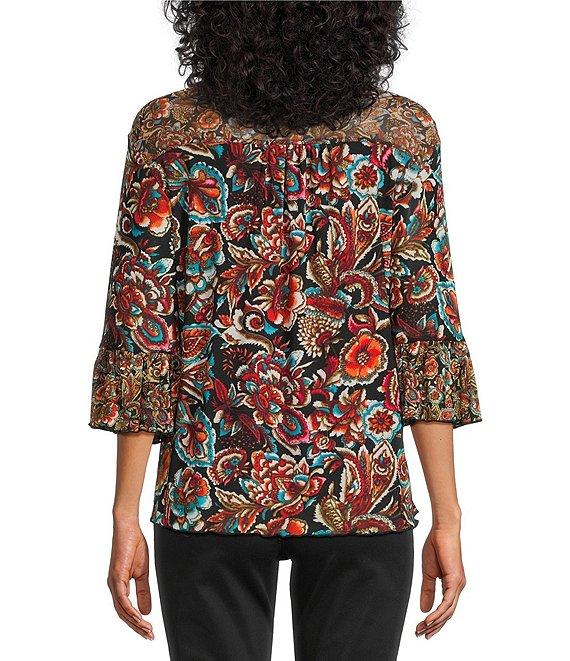 Intro Petite Size Soft Mesh Graphic Jacobean Print 3/4 Romantic Sleeve Top Product Image