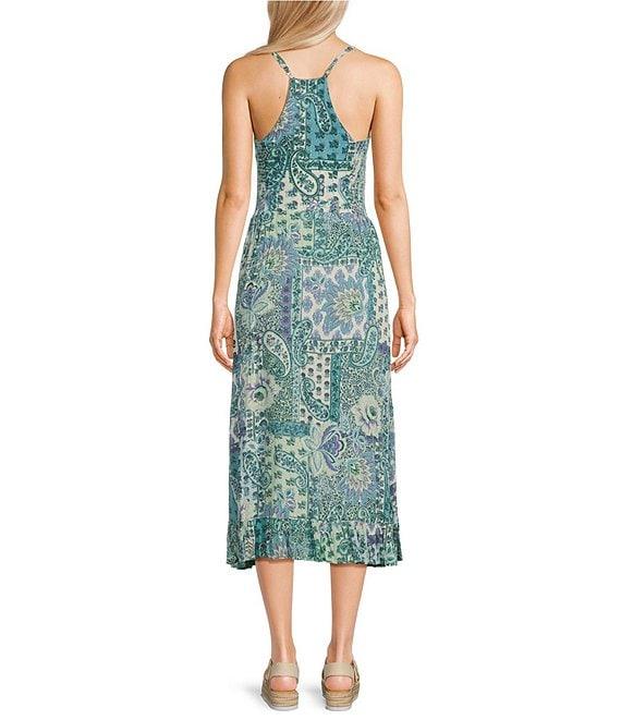 Angie Patch Print Spaghetti Strap Racer Back Ruffle Front Midi Dress Product Image