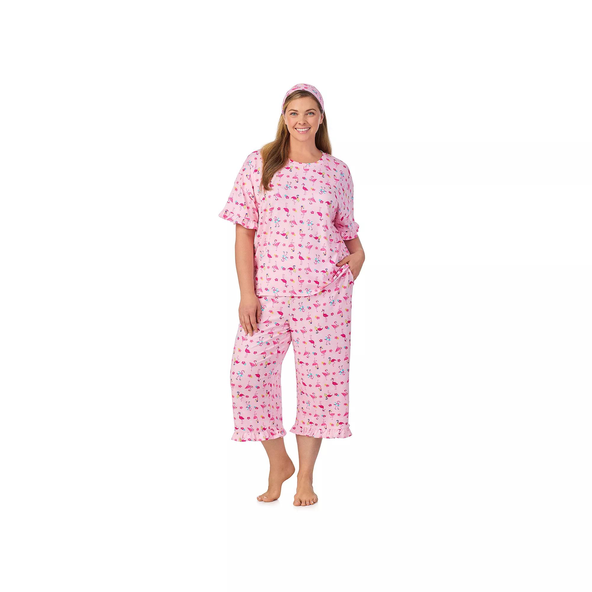 Plus Size Cuddl Duds® 3-Piece Short Sleeve Pajama Top, Cropped Pajama Pants & Headband Set, Women's, Size: 2XL, Pink Pink Product Image