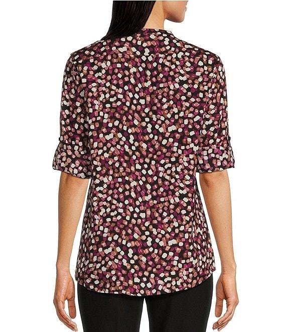 Calvin Klein Abstract Dot Printed Split V-Neckline Roll Tab Long Sleeve Blouse Product Image