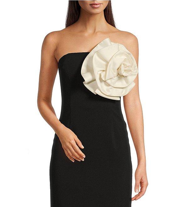 Muse by Marchesa Camelia Crepe Strapless Neck Sleeveless Rosette Bodycon Midi Dress Product Image