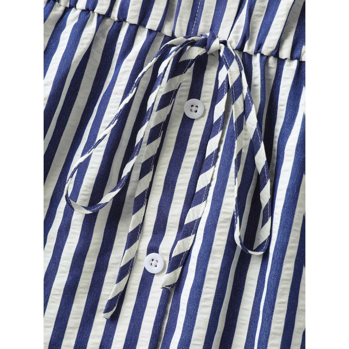 Plus Size Striped Tie-Front Midi Shirt Dress DarkBlue Women Shirt collar Short sleeve Curvy BloomChic 10/M Product Image