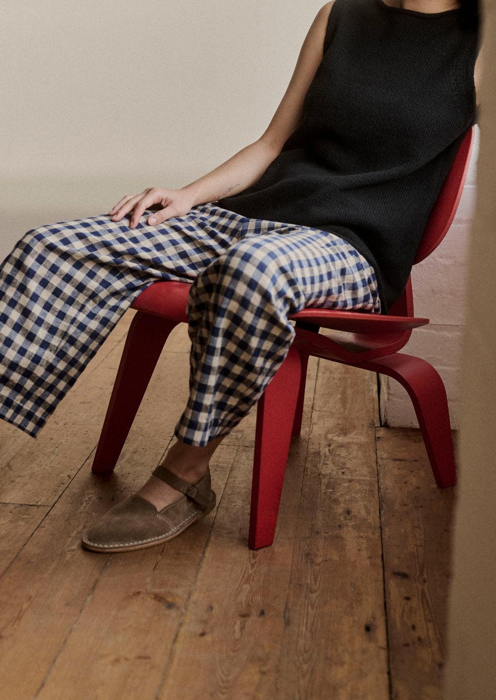 Gingham Linen Cotton Patch Pocket Pants | Denim Blue Product Image