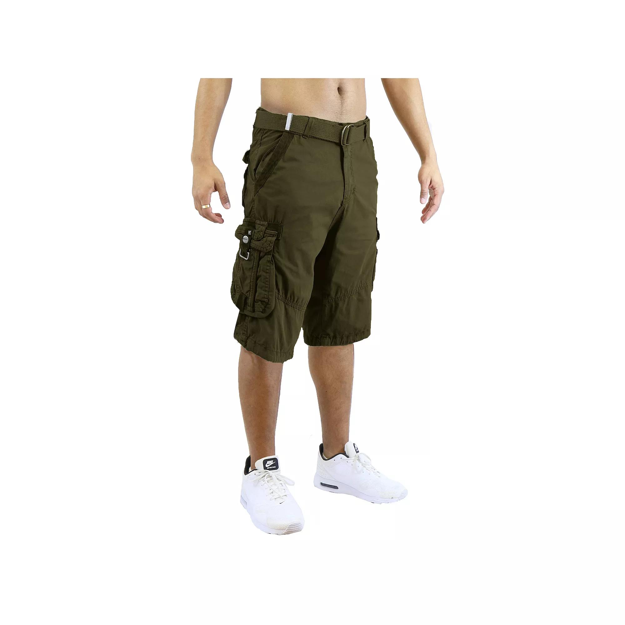 Men's Blu Rock 13.5" Distressed Cargo Shorts With Belt, Size: 34, Green Product Image