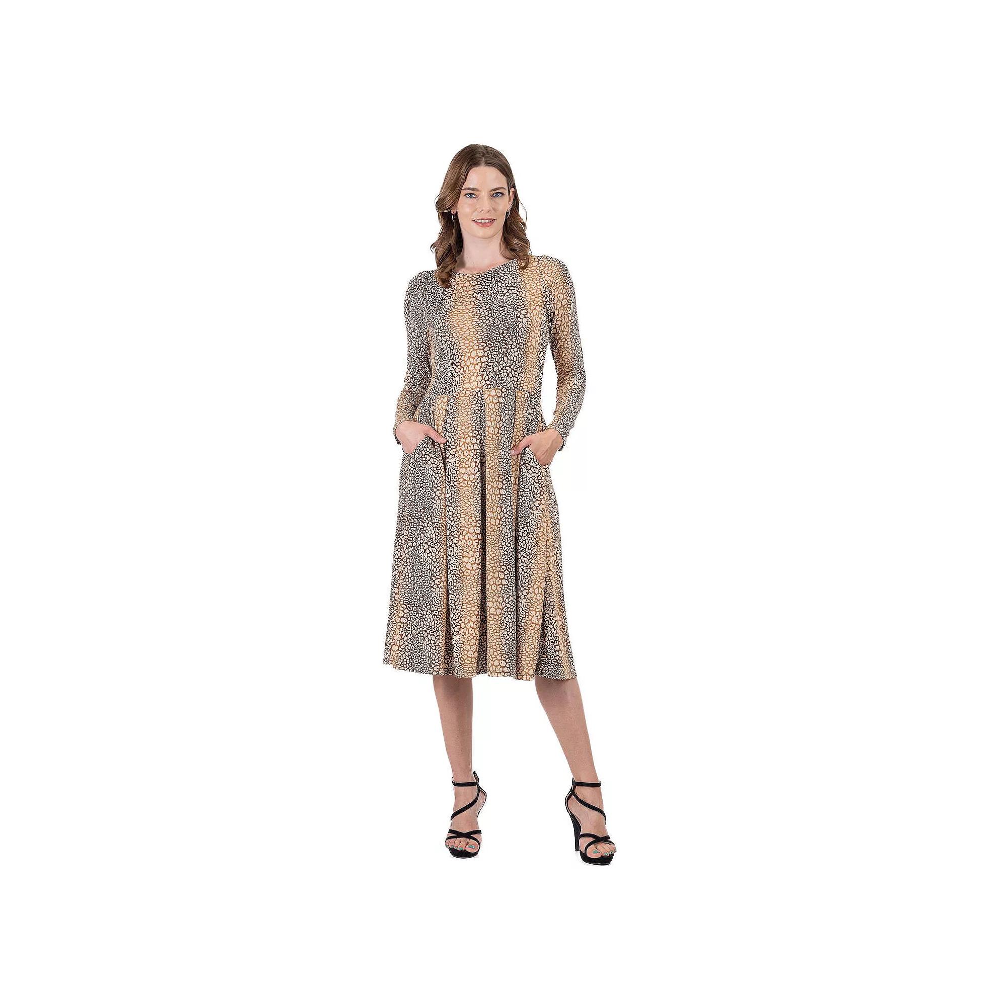 Women's 24Seven Comfort Apparel Animal Print Long Sleeve Midi Dress, Size: Small, Brown Team Product Image