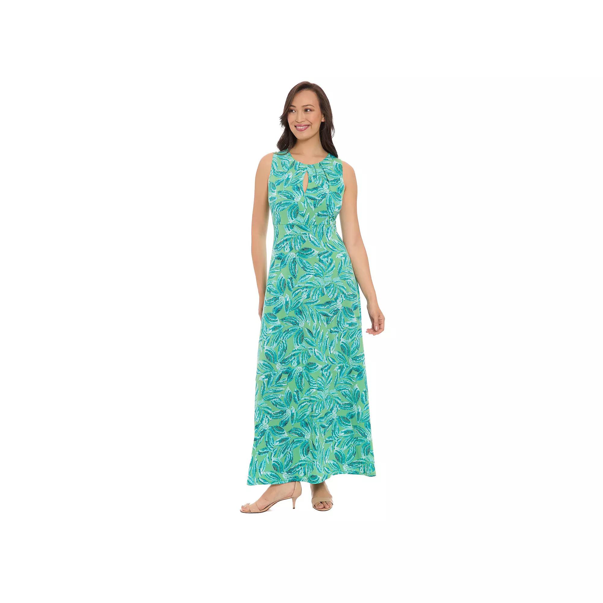 Women's London Times Falling Leaves Print Keyhole Neck Pleated Maxi Dress, Size: 8, Green Product Image