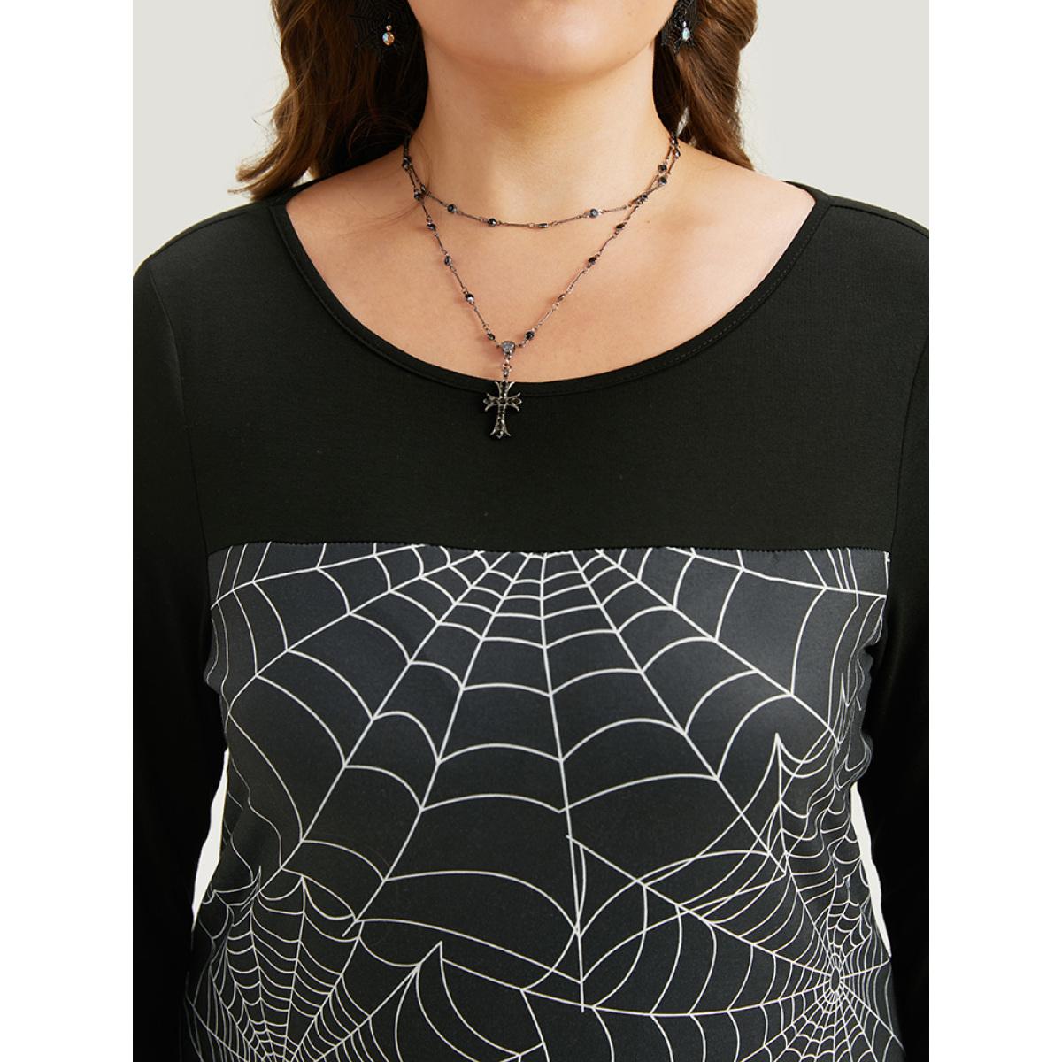 Plus Size Halloween Spider Web Patchwork Crew Neck Dress BlackFlower Women Office Contrast Round Neck Long Sleeve Curvy Midi Dress BloomChic 10/M Product Image
