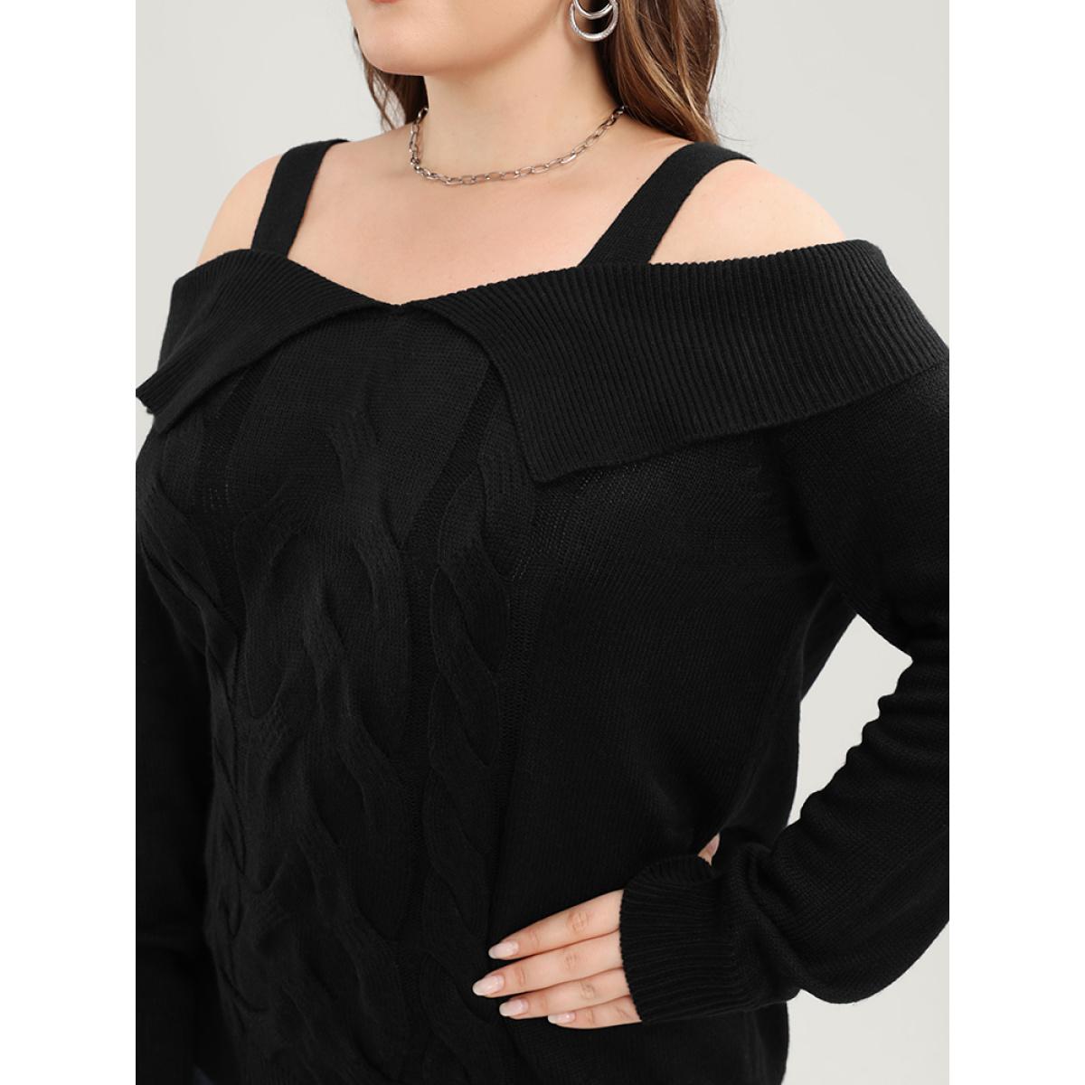 Plus Size Solid Pointelle Knit Cold Shoulder Knit Top Black Women Elegant Long Sleeve Cold Shoulder Dailywear Pullovers BloomChic 12/L Product Image