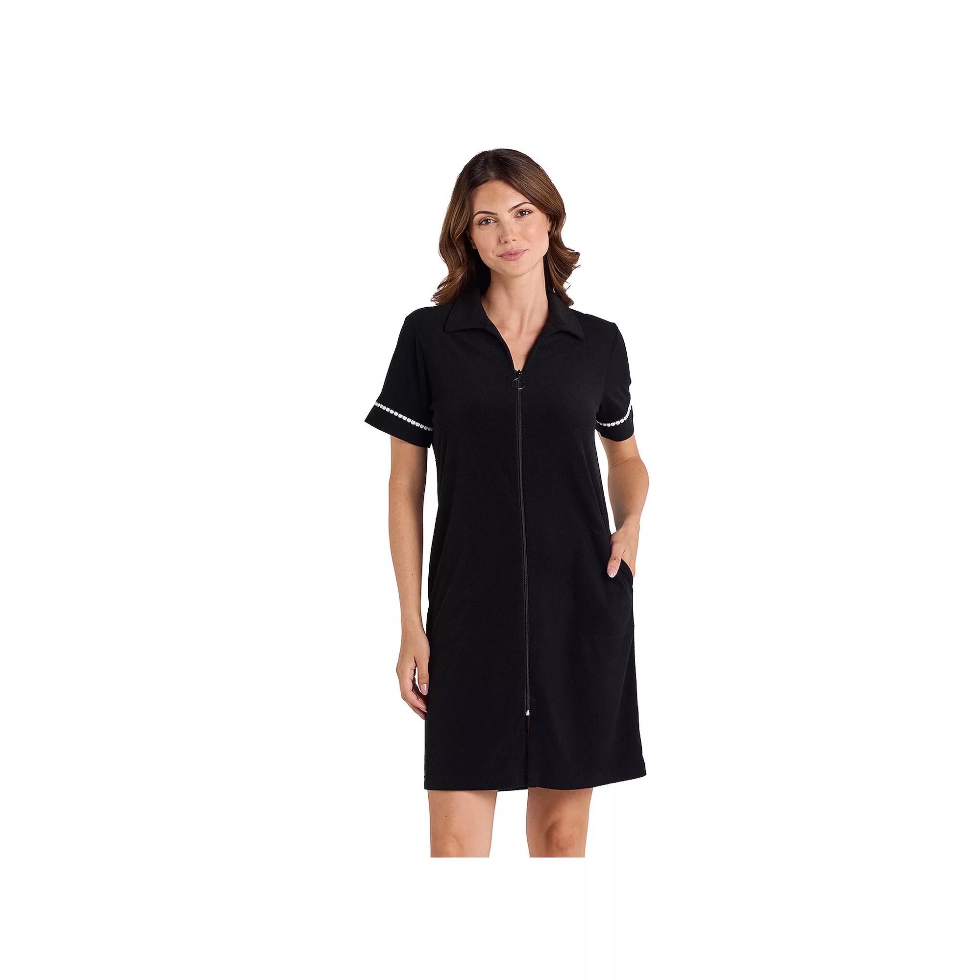 Women's Miss Elaine Essentials Terry Short Zip Robe, Size: Large, Black Product Image