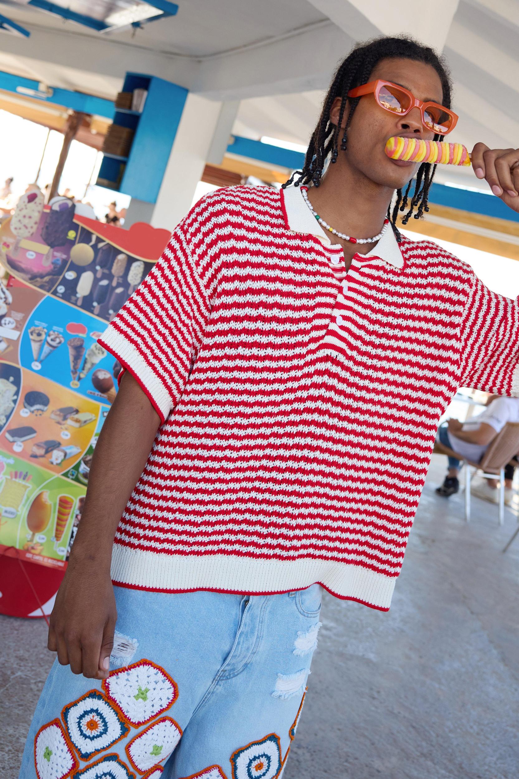 Oversized Boxy Stripe Open Stitch Polo | boohooMAN USA Product Image