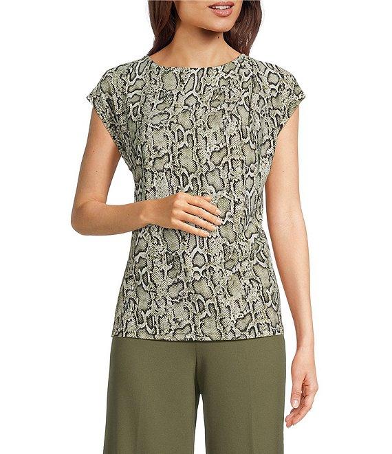 Anne Klein Snake Print Round Neck Pleated Short Sleeve Blouse Product Image