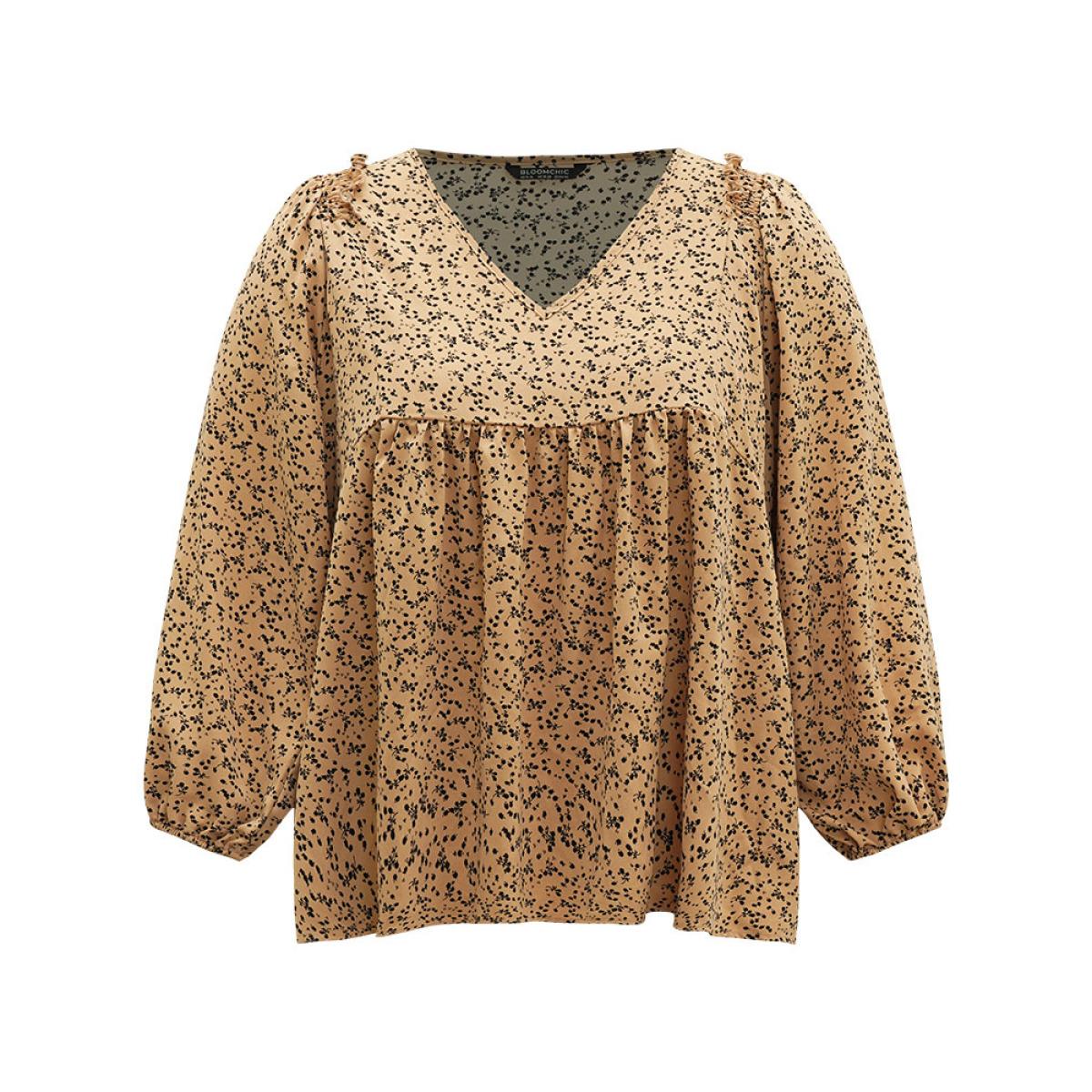 Plus Size LightBrown Ditsy Floral Shirred V Neck Frill Trim Blouse Women Elegant Long Sleeve V-neck Dailywear Blouses BloomChic 22-24/3X Product Image